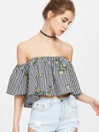 Romwe Bardot Neckline Embroidered Trapeze Checkered Top