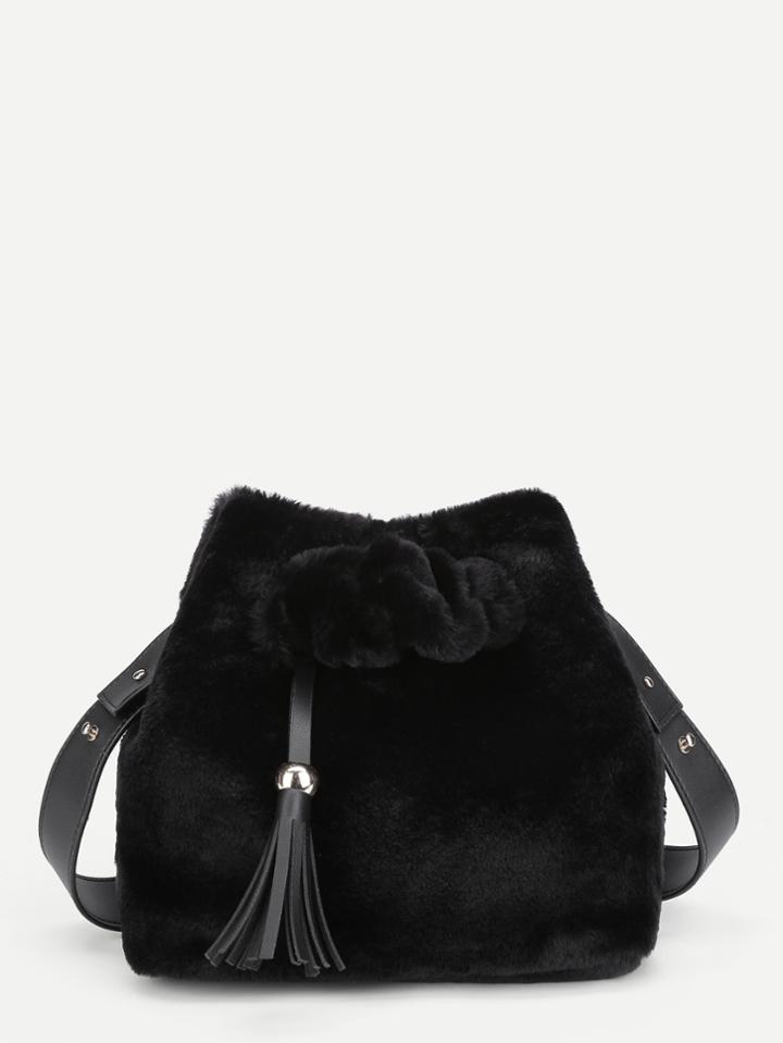 Romwe Tassel Detail Faux Fur Overlay Shoulder Bag