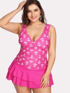 Romwe Anchor Print Wrap Swim Dress With Shorts Attached