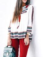 Romwe Long Sleeve Lace Up Embroidered Red Blouse