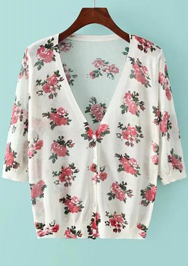 Romwe Half Sleeve Rose Print Cardigan