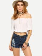 Romwe Ruffled Off-the-shoulder Crop Top - White