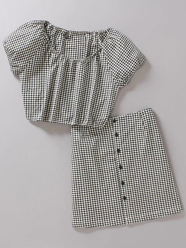 Romwe Black And White Plaid Puff Cuff Blouse With Skirt