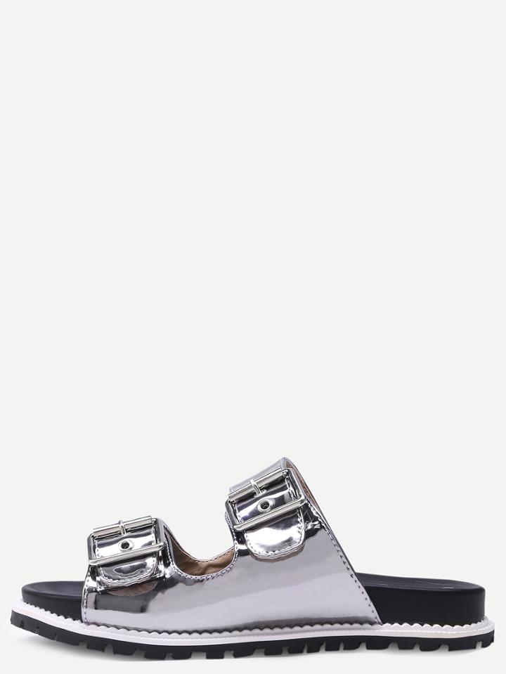 Romwe Silver Peep Toe Buckle Strap Slippers