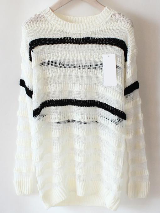 Romwe Long Sleeve Striped Loose White Sweater