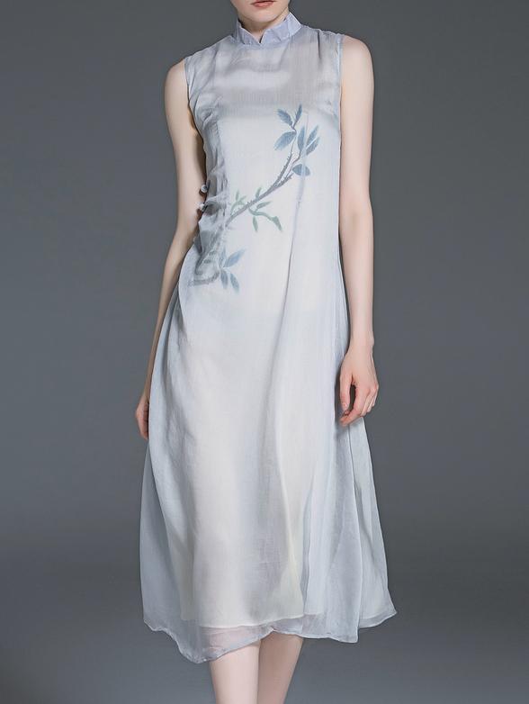 Romwe Grey Collar Vintage Print Shift Dress