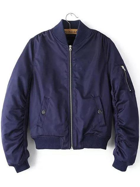 Romwe Stand Collar Zipper Crop Navy Coat