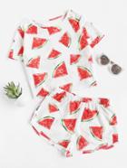 Romwe Watermelon Print Frayed Dot Tee And Shorts Set