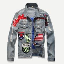 Romwe Men Patched & Ripped Detail Denim Jacket