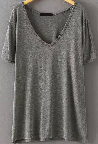 Romwe V Neck Loose Grey T-shirt