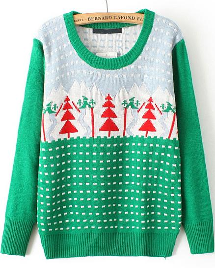 Romwe Christmas Tree Green Knit Sweater