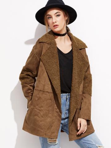 Romwe Brown Faux Shearling Lined Suede Coat