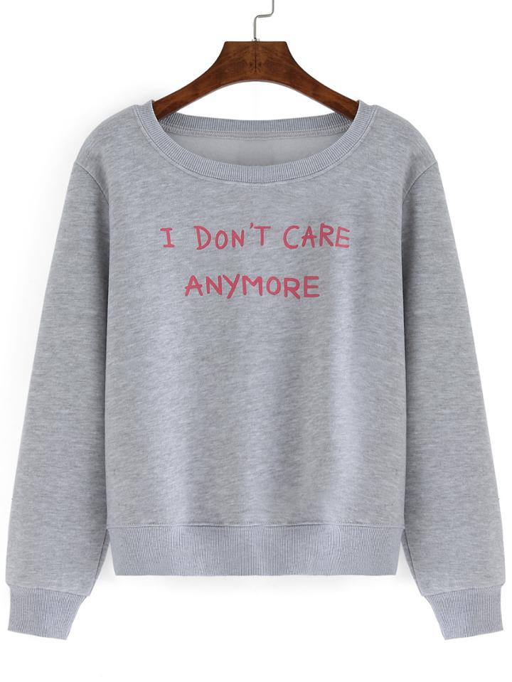 Romwe Round Neck Letter Print Grey Sweatshirt