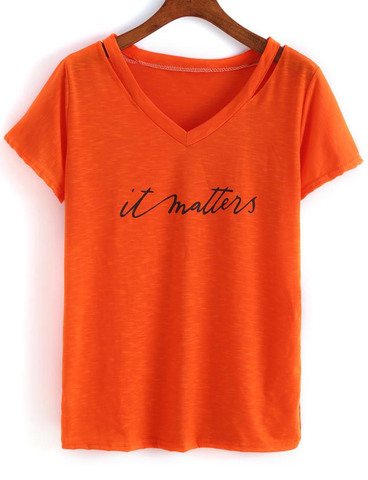 Romwe V Neck Letter Print Orange T-shirt