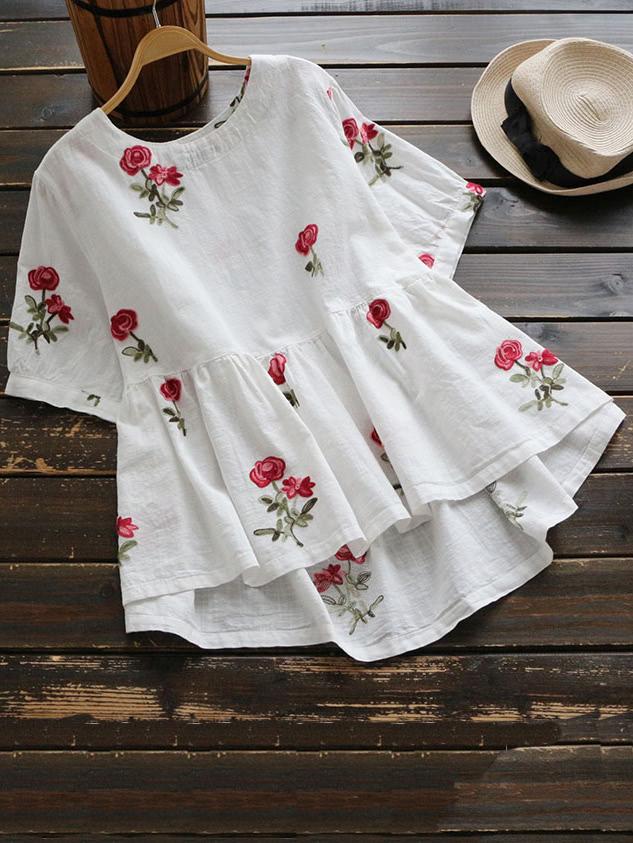 Romwe Floral Embroidered Dip Hem Frill Blouse