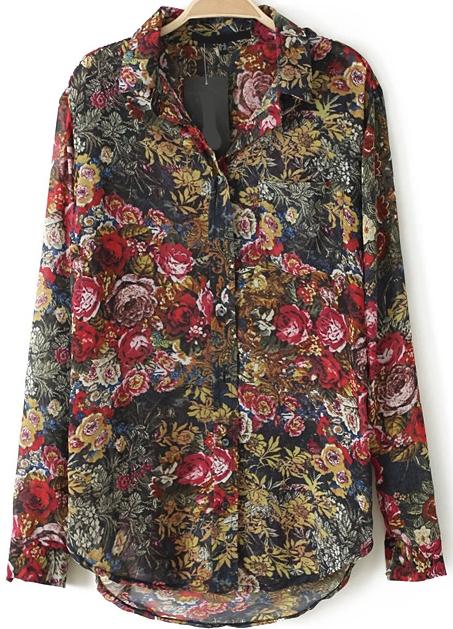 Romwe Lapel Floral Pocket Blouse