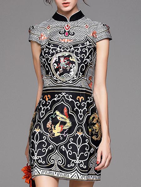 Romwe Multicolor Collar Short Sleeve Print Dress