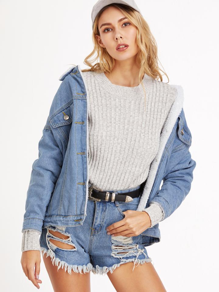 Romwe Blue Dropped Shoulder Seam Sherpa Lined Denim Jacket