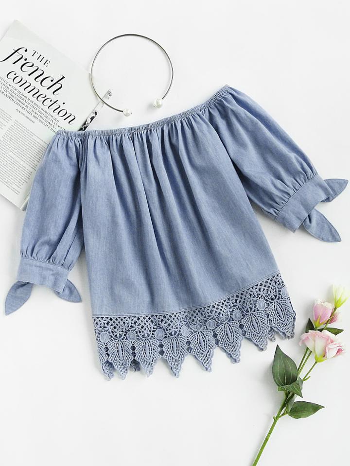 Romwe Crochet Trim Tie Cuff Chambray Bardot Top