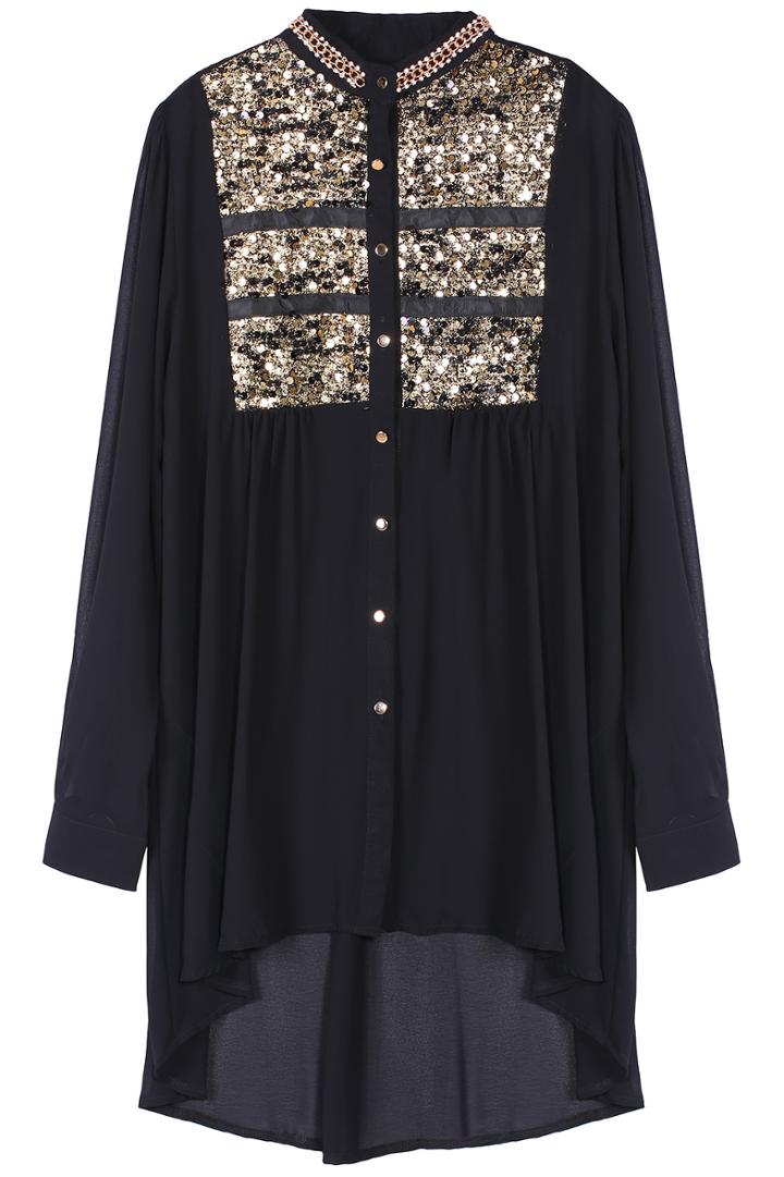 Romwe Sequined High Low Black Dress