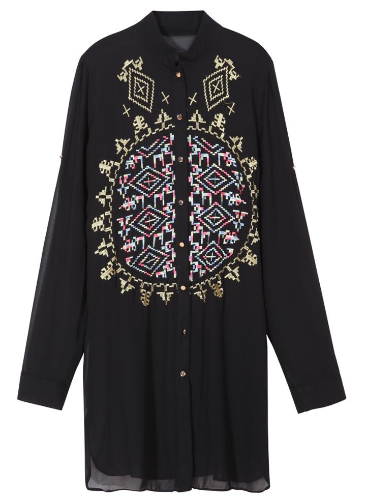 Romwe Lapel Embroidered Chiffon Blouse