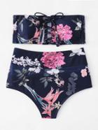 Romwe Flower Print Lace Up Bandeau Bikini Set