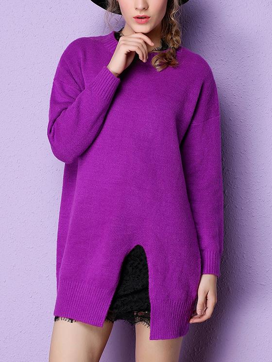 Romwe Long Sleeve Slit Purple Sweater