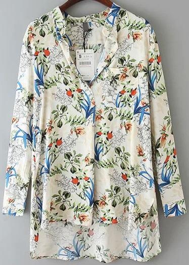 Romwe Green Long Sleeve Floral Dip Hem Blouse