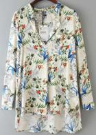 Romwe Green Long Sleeve Floral Dip Hem Blouse