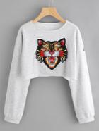 Romwe Tiger Embroidered Patch Raw Edge Ripped Marled Pullover