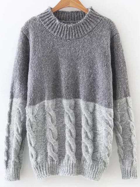 Romwe Grey Color Block Cable Knit Sweater