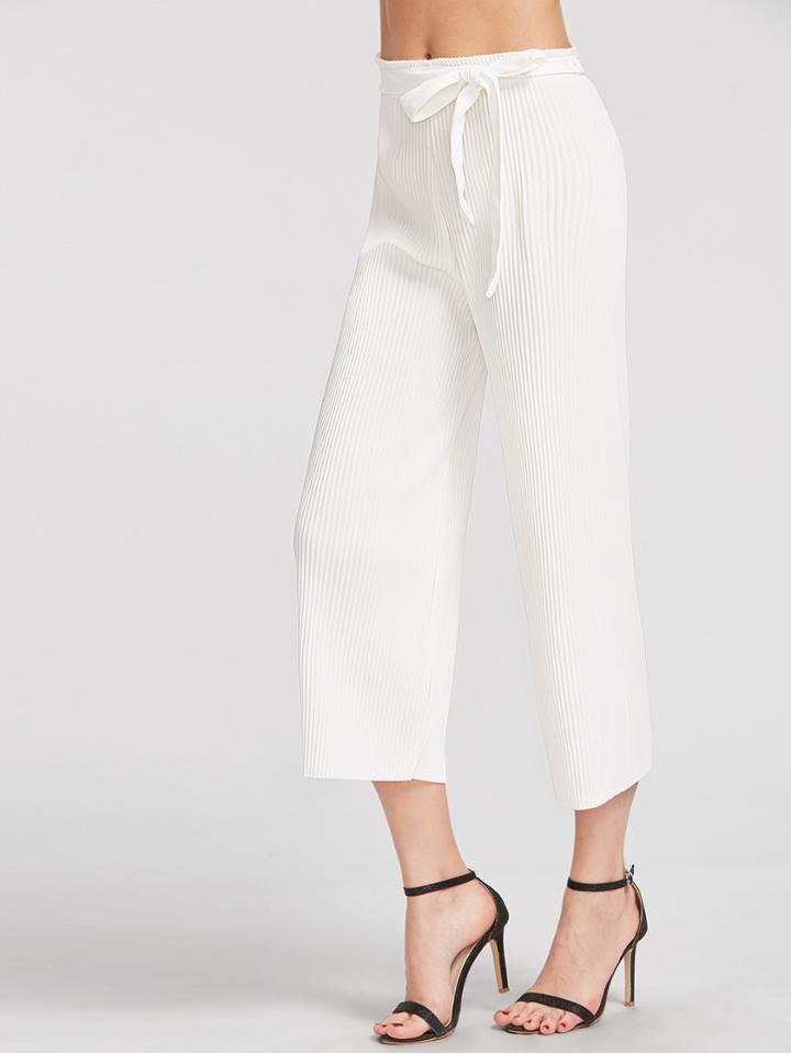 Romwe White Pleated Wide Leg Pants With Belt