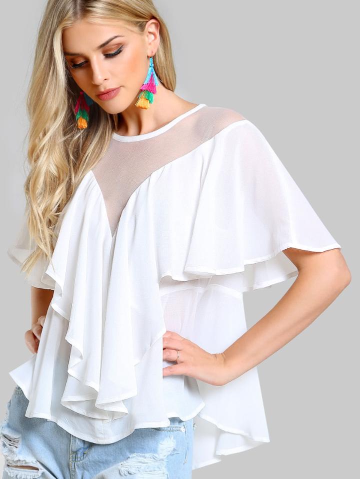 Romwe Mesh Cut Out Flounce Top