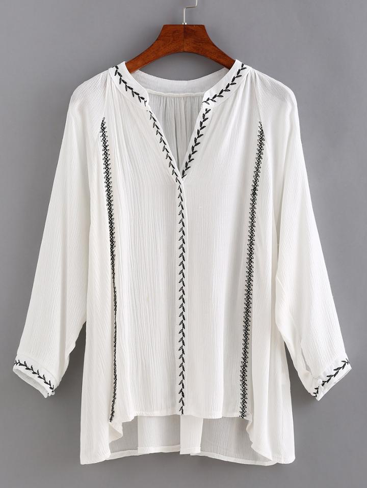 Romwe Band Collar Embroidery Blouse