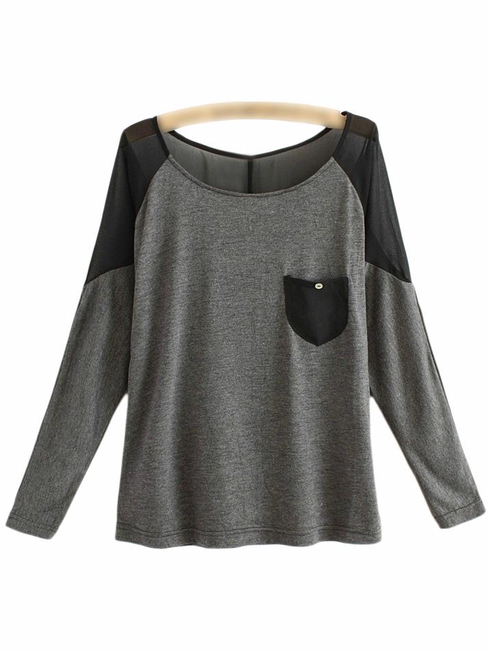 Romwe Dark Grey Scoop Neck Pocket Chiffon Splicing T-shirt
