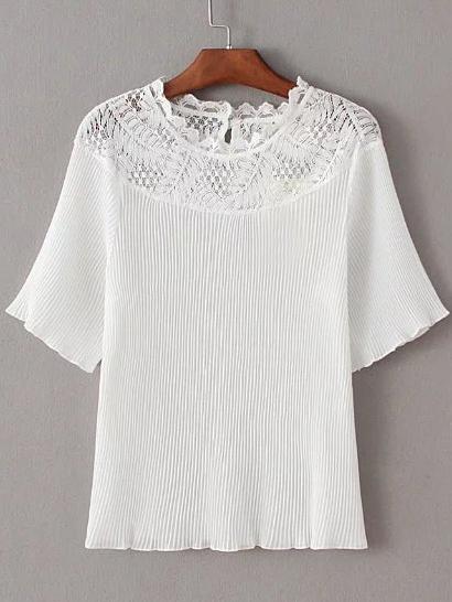 Romwe White Lace Splicing Pleated Keyhole Back Short Sleeve Blouse