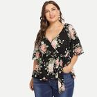 Romwe Plus Belted Allover Floral Print Blouse