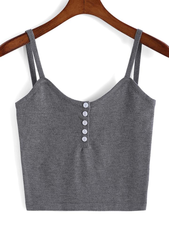 Romwe Spaghetti Strap With Buttons Grey Cami Top