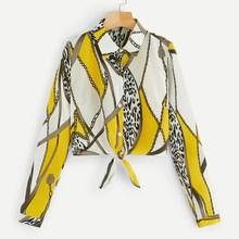 Romwe Chain Print Knot Hem Blouse