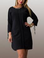 Romwe Split Drawstring Plus Black Tunic Dress