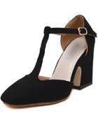 Romwe Black Cow Suede T-strap Chunky Heel Pumps