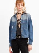 Romwe Ombre Ripped Pockets Front Denim Jacket