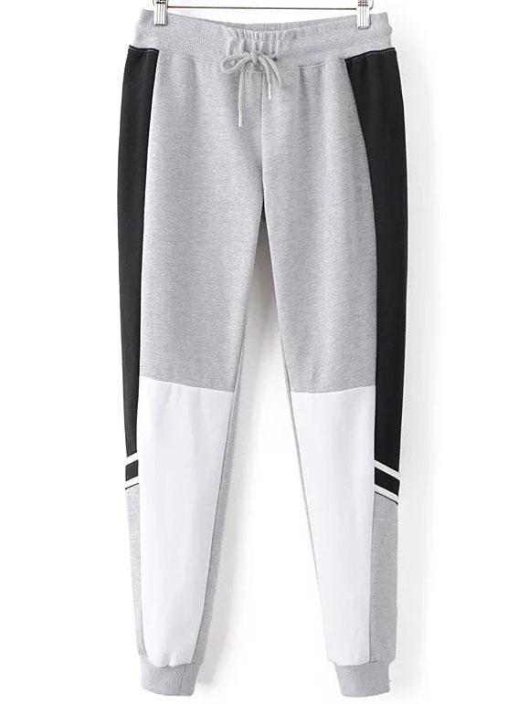 Romwe Grey Color Block Drawstring Waist Casual Pants