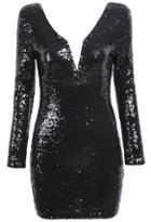 Romwe V Neck Sequined Black Dress