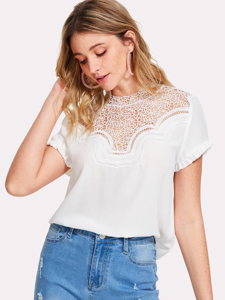 Romwe Lace Insert Frill Cuff Top