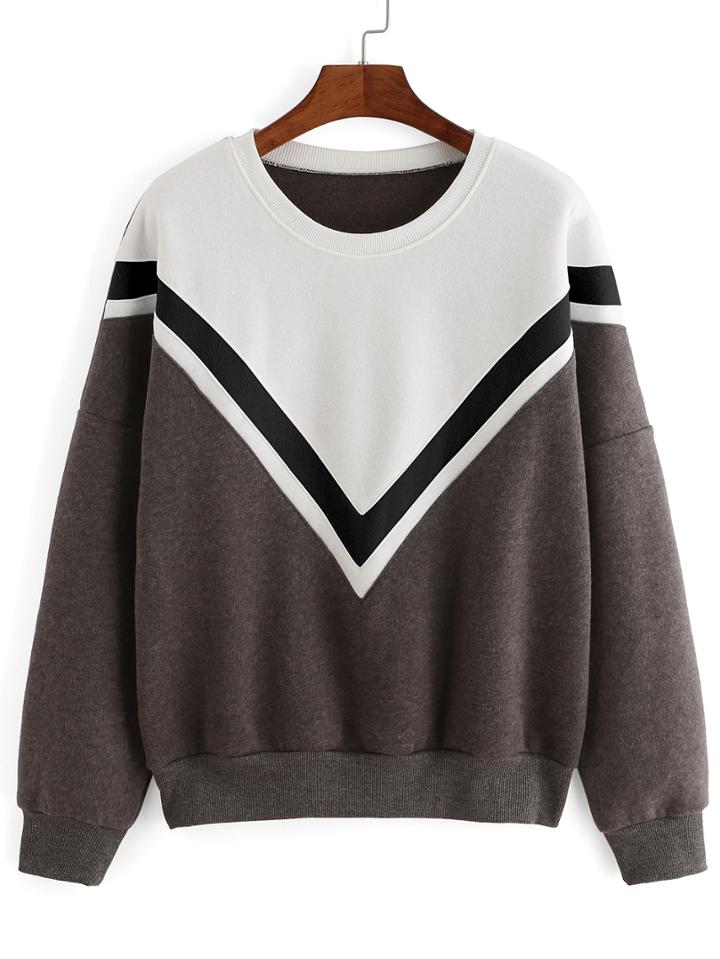 Romwe V Pattern Loose White Grey Sweatshirt