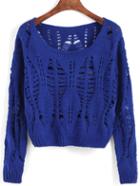 Romwe Long Sleeve Hollow Blue Sweater