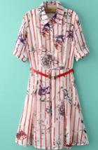 Romwe Lapel With Buttons Rose Print Shirt Dress