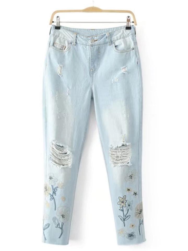 Romwe Ripped Detail Embroidery Full Length Jeans