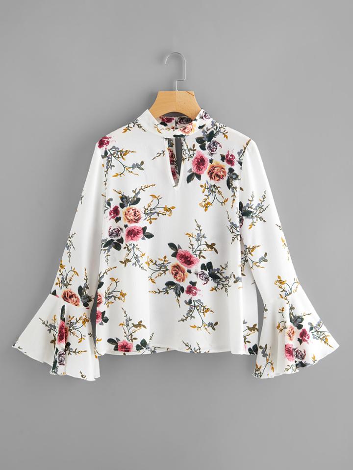 Romwe Fluted Sleeve Double Keyhole Top